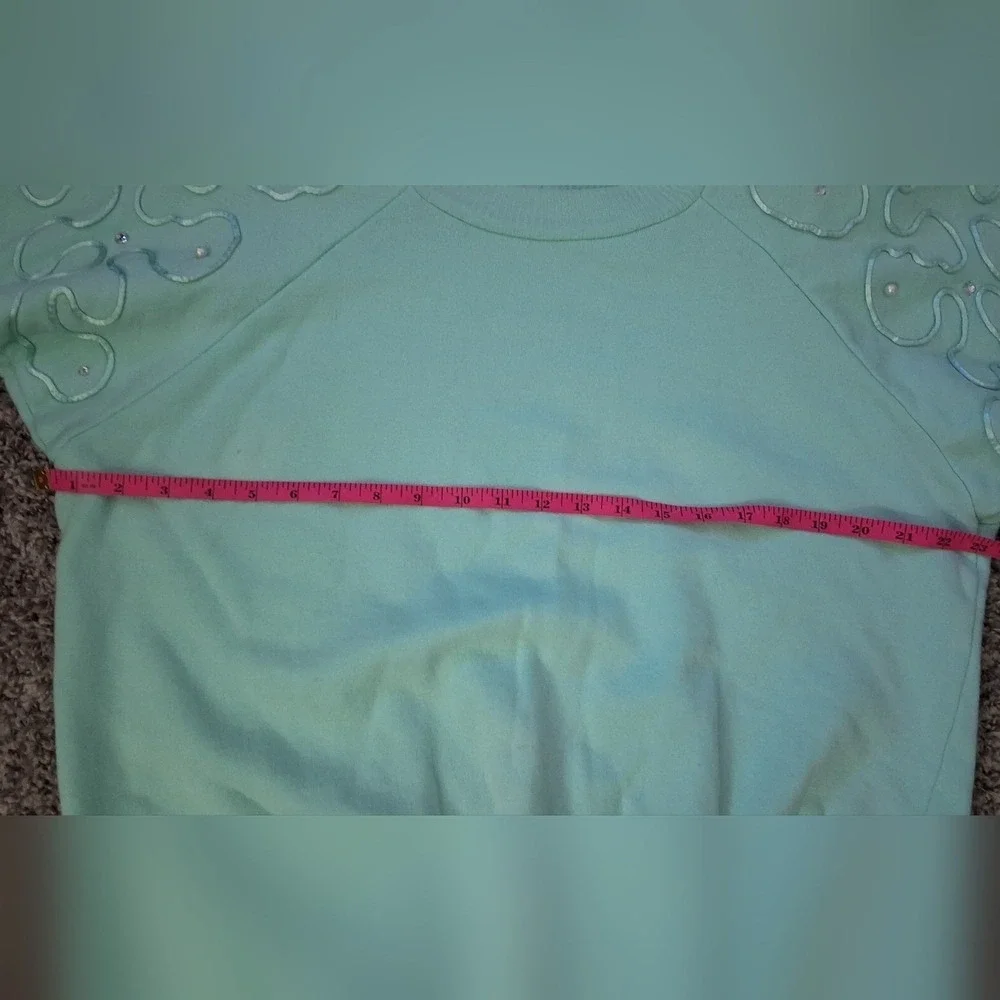 Bodalia Aqua Sweater 1980s Rhinestones Pearls Puffed Sleeves Vintage Flash Dance